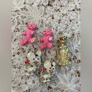 New Old Stock Vintage 1960’s Pin Brooch Lot of 5. POODLE TEDDY BEARS MICE